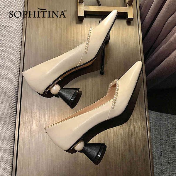 

sophitina pumps women casual pearl chain premium leather pumps pointed toe strange style heel tpr heels office lady shoes so934 210513, Black