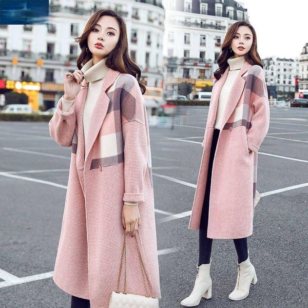 

women's wool & blends autumn and winter plaid stitching woolen coat mid-length 2021 fashion loose warm button women, Black