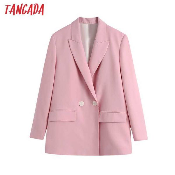 

tangada women pink double breasted blazers coat vintage long sleeve pockets female outerwear chic veste femme be531 210609, White;black