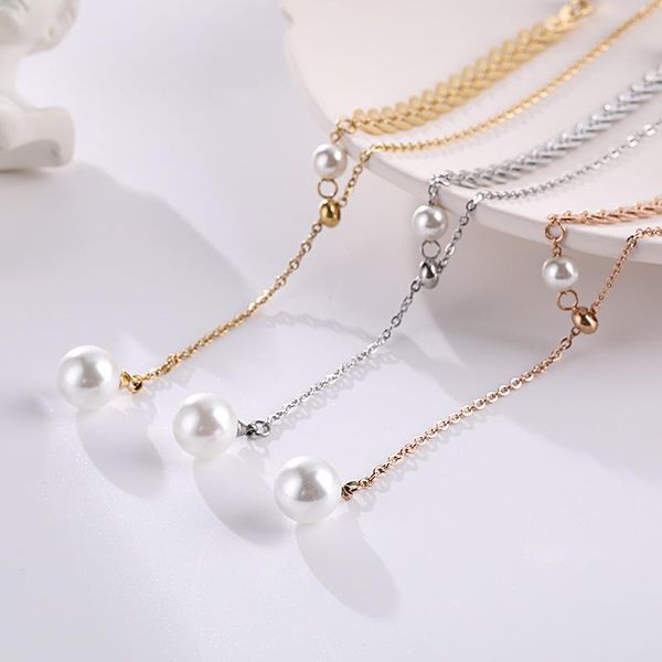 

pendant necklaces pink gold plated stainless steel leaf for women, simulated pearl christmas present jewelry on the neck, Silver
