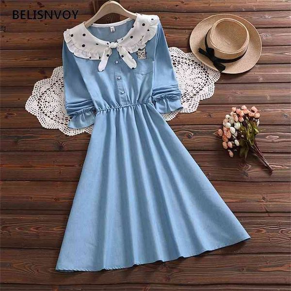 Mori Kız Sevimli Kawaii Baskı Tatlı Elbise Sonbahar Moda Yay Uzun Kollu Denim Kumaş Kedi Nakış Kadınlar Vintage Vestidos 210520