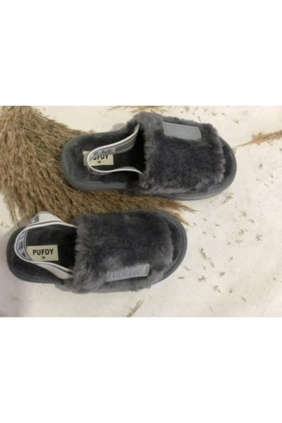 

women's gray back banded fluffy slippers, Black