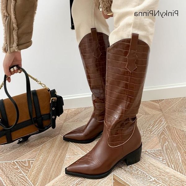 

boots leather pointed sleeve thick women's heel western knight, Black