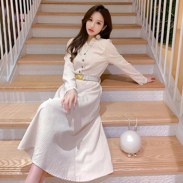 

casual dresses women's spring autumn corduroy long sleeve ladies girl fashion single-breasted elegant dress vestidos with belt, Black;gray