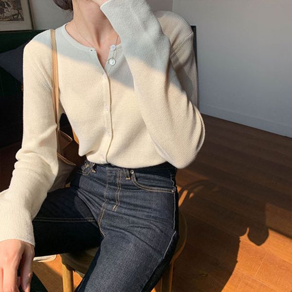 

5 colors 2021 spring korean ins style solid color v neck knitted sweaters cardigan womens loose long sleeve womens (x1025), White;black
