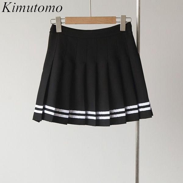 

kimutomo spring pleated mini skirt women striped colorblock preppy style female high waist a-line skirt casual 210521, Black