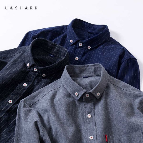 

u&shark flannel striped shirt for men blouse long sleeve casual shirts male cotton business formal black dress shirts stylish 210603, White;black