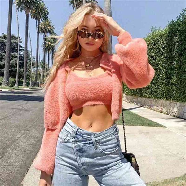 

female warm cardigans sweater with camis women causal soft autumn winter knitted long sleeve fluffy outwear 210427, White;black