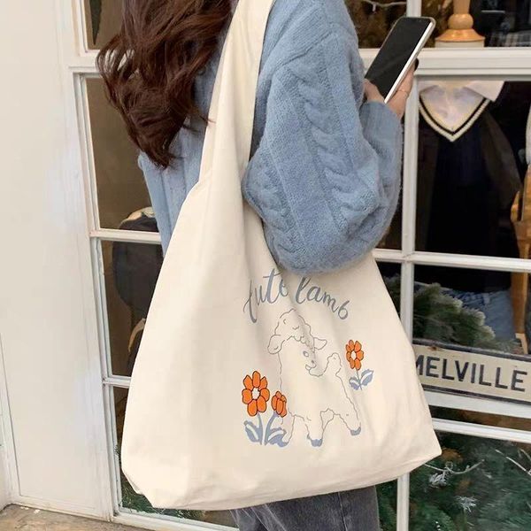 

evening bags women kawaii canvas tote bag cute lamb printing shoulder large capacity crossbody handbag casual shopper