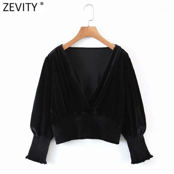 

zevity women vintage deep v neck short velvet blouse retro office ladies lantern sleeve shirts chic femme blusas ls7330 women's blouse, White