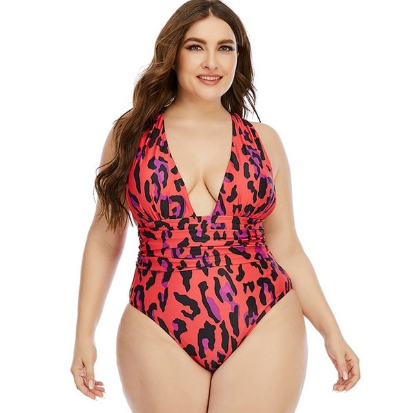 Sexy Leopard Plunge Badeanzug Frauen DeepV Badeanzug Plus Size Bademode Weiblichen Backless Schwimmen Bodysuit 210520