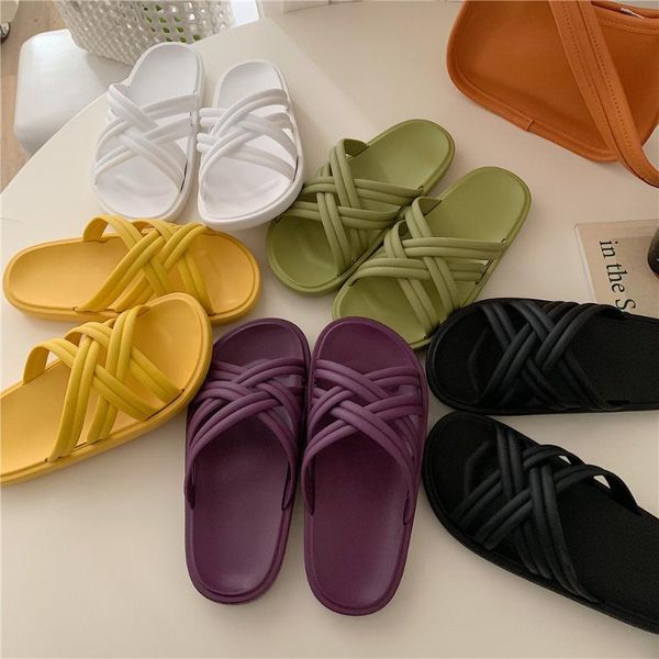 

ins pvc slippers women summer shoes flat cross brand slides female casual holiday beach, Black