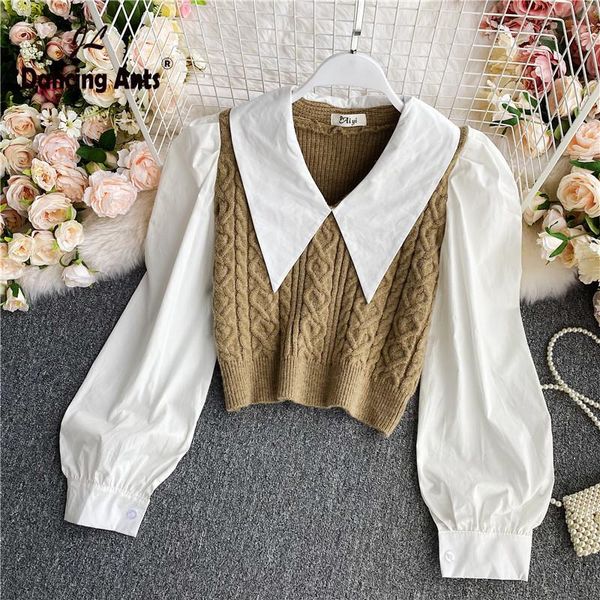 

women patchwork knitted blouse -neck long puff sleeve short slim korean autumn or winter vintage woman fashion shirts women's blouses &, White