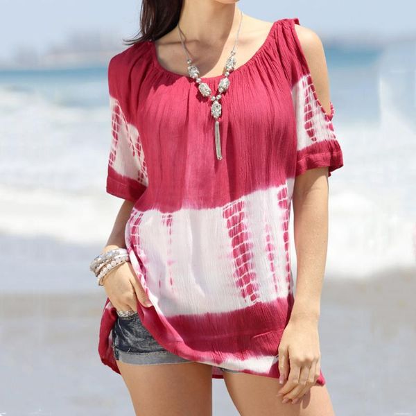 

women's t-shirt gniherii summer 2021 style short sleeve casual cold shoulder pullover loose tie-dye printed t shirts, White