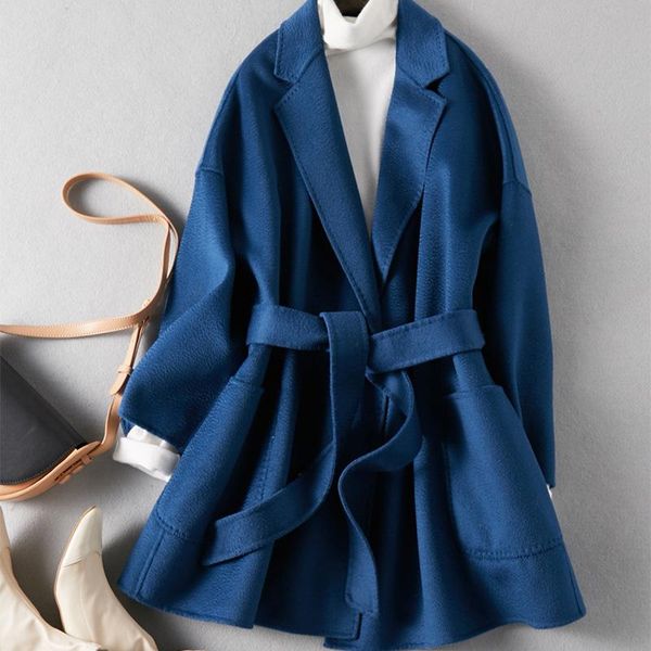 

women's wool & blends water ripple double face cashmere coat autumn 2021 loose lace tweed small, Black