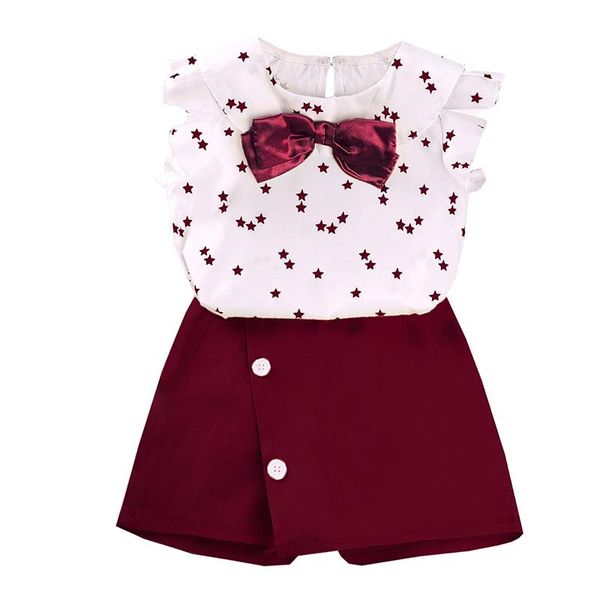

little girl short sleeve clothes set print crew neck with bow, solid color pantskirt 2-piece suits clothing sets, White