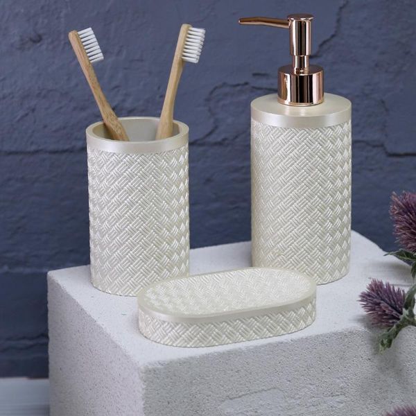 

bath accessory set wicker of 3 bathroom decor pearl color with liquid soap dispenser, toothbrush holder, dispenser