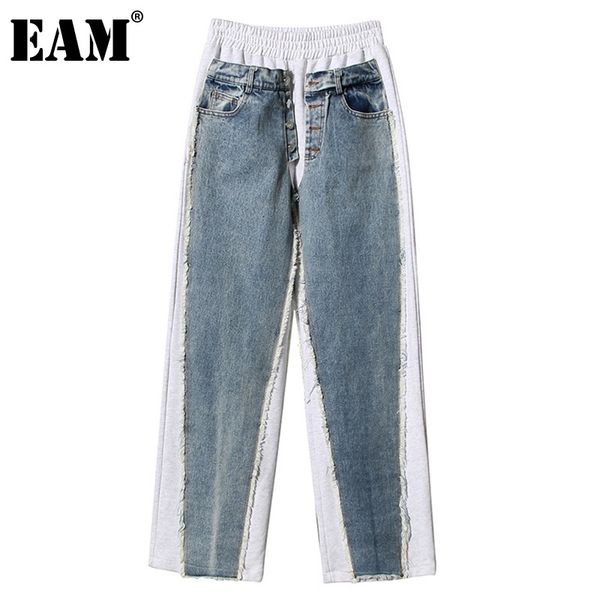 

[eam] spliced knitting burrs denim high waist trousers new loose fit pants women fashion tide spring autumn 1dd3505 210319, Black;white