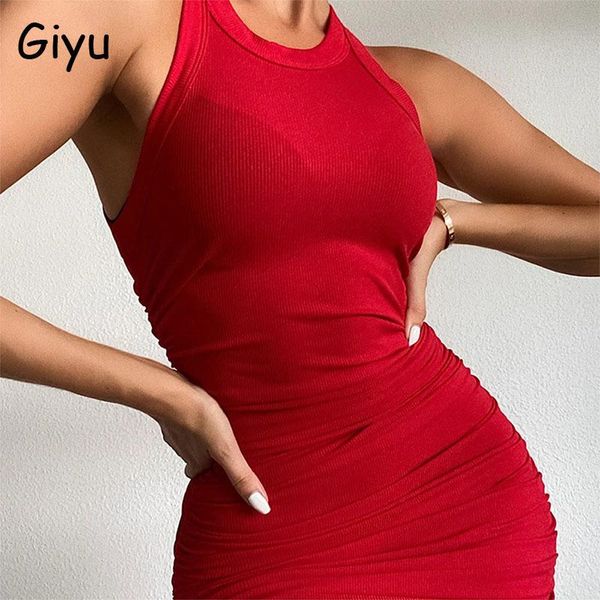 

giyu casual cotton ruched woman dress bodycon sleeveless mini dresses women clothing 2021 summer o neck solid vestidos, Black;gray
