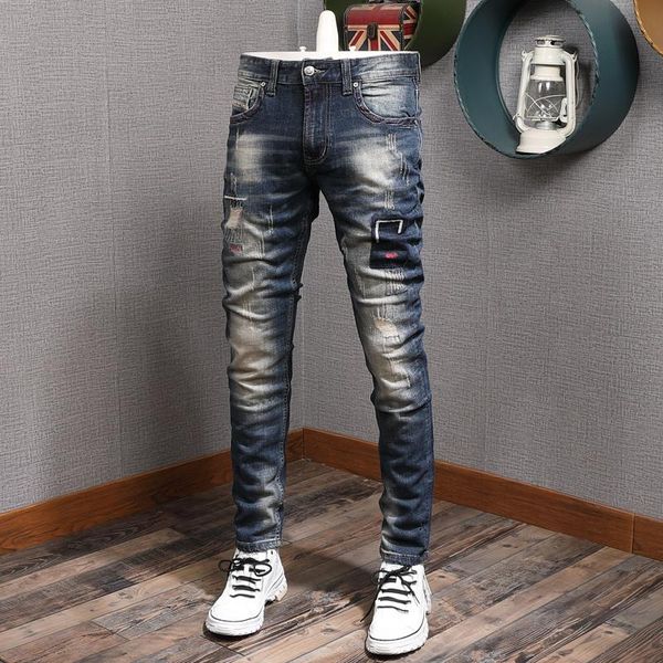 

men's jeans ly vintage designer 2021 men elastic slim fit embroidery patchwork ripped denim trousers streetwear hip hop pants, Blue