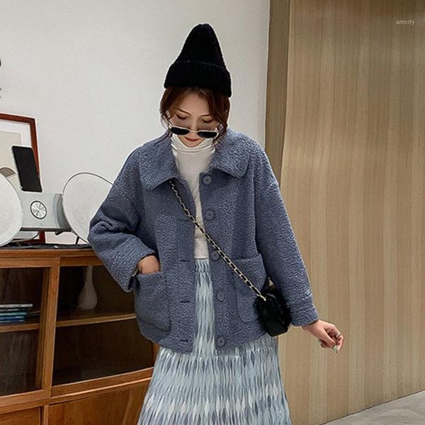 

women's down & parkas [ewq] korea chic women 2021 winter single breasted long sleeve lamb wool warm short blue outwear female tide leis, Black
