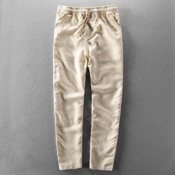 

men's pants 2021 men linen cotton casual solid harajuku summer khaki breathable comfortable drawstring male trousers, Black