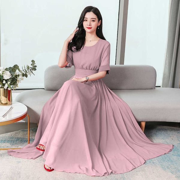 

2021 summer new style sweet fashion elegant light mature temperament chiffon dress with thin waist and age reduction long skirt, White