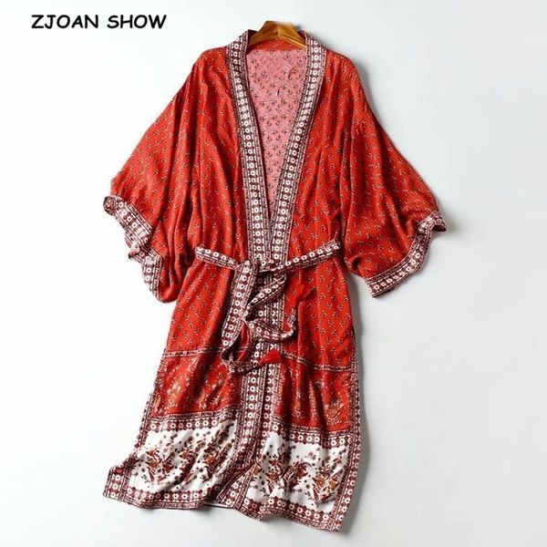 Autunno BOHO scollo a V Camicia a kimono lunga con stampa floreale rossa Nappa allacciata a maniche lunghe Camicetta a maniche lunghe in cardigan rosso sciolto 210317