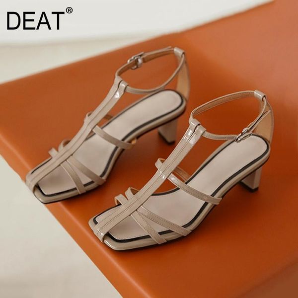 

[deat] 2021 spring summer square toe narrow band roman genuine leather sandals for women shoes fashion tide 10g832, Black