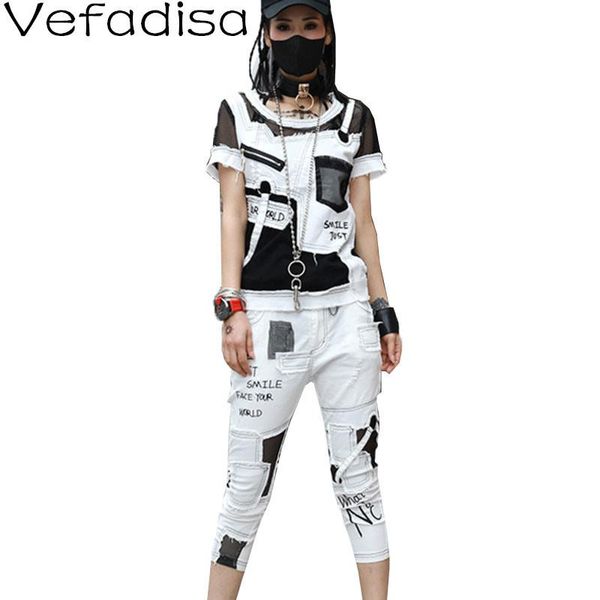 

women's two piece pants vefadisa white mesh patchwork denim set women 2021 summer letter print t-shirt + female calf-length casual qyf5
