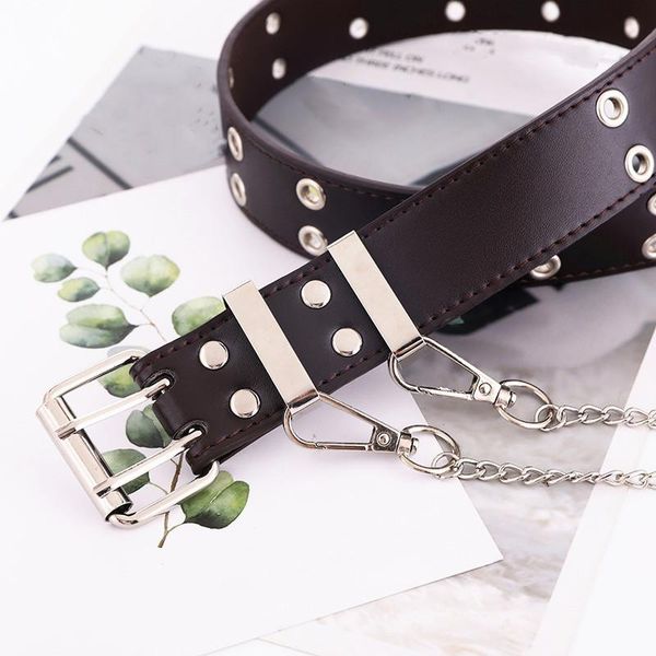 

belts punk belt women waistband chain row hole eyelet pu leather double adjustable for jeans female fashion metal decorative, Black;brown