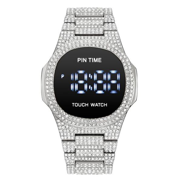 

wristwatches pintime mens digital watch led display square large face sport watches for men stainless steel band touch screen wristwatch, Slivery;brown