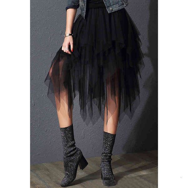 

casual dresses tulle skirts womens irregular fashion korean elastic high waist mesh tutu skirt pleated long midi for women 5zd7, Black;gray