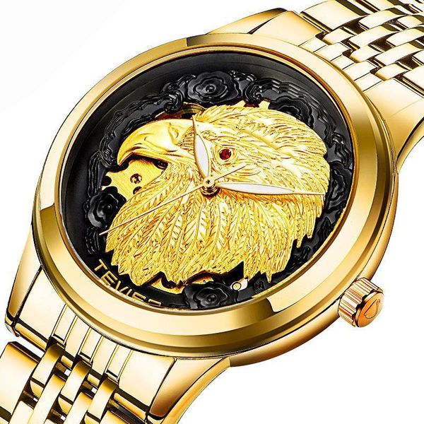 

watch automatic men's golden eagle dial gold plated large case stainless steel strap waterproof hollow business wristwatches, Slivery;brown