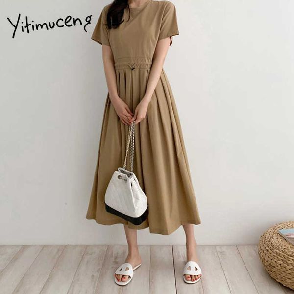 Yitimuceng Lange Kleider für Frauen Mode Hohe Taille Geraffte Kordelzug Solide Schwarz Khaki Sommerkleid Sommer Koreanische Kleid 210601