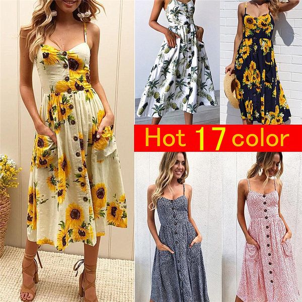 

17 colors women summer boho dress beach evening party dress sling sundress casual printing dresses plus size s-3xl, Black;gray