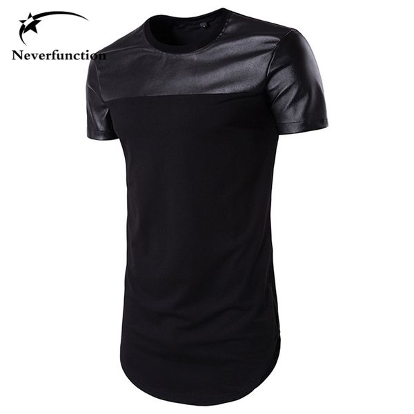 Estate Uomo Orlo curvo T-Shirt casual Uomo PU Cuciture in pelle Street Swag Hip Hop Cotone T-shirt estesa T-shirt da uomo a maniche corte 210726