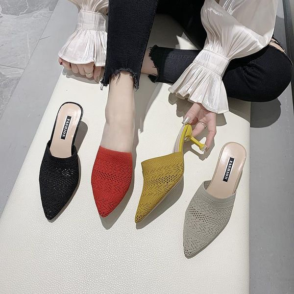 

slippers baotou half drag women's shoes summer fashion korean style knitted pointed toe stiletto sandals for outer wear, Black