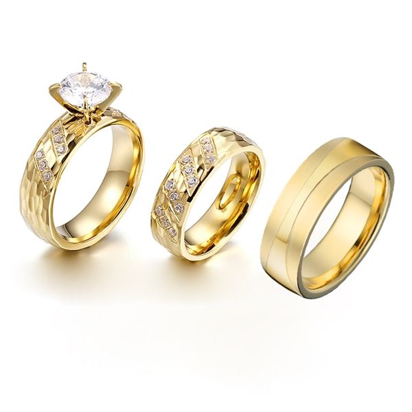 3 pcs promessa de luxo anéis de casamento noivado conjunto para casais homens e mulheres ouro cor aliança casamento aniversário aniversário 211217