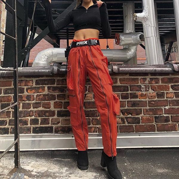 

women's & capris winter waist cargo loose streetwear pants with pockets and zipper hip hop joggers for women, Black;white