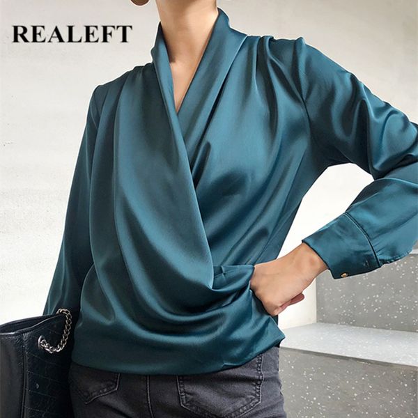 

autumn chic stain blouse long sleeve cross v-neck office lady shirts elegant workwear female loose 210428, White