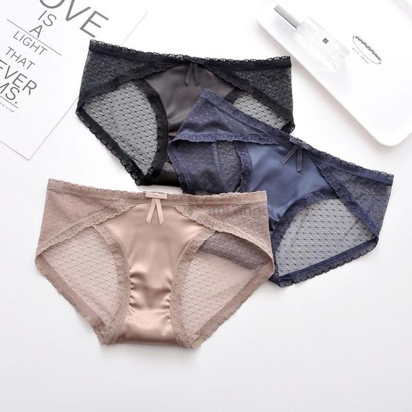 

satin silk briefs women lace low waist solid color fabric underwear intimates women's panties, Black;pink