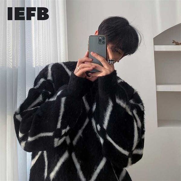 

iefb plush plaid sweater men's autumn winter korean fashion loose vintage kintwear thickened pullogers round collar 9y4553 211008, White;black