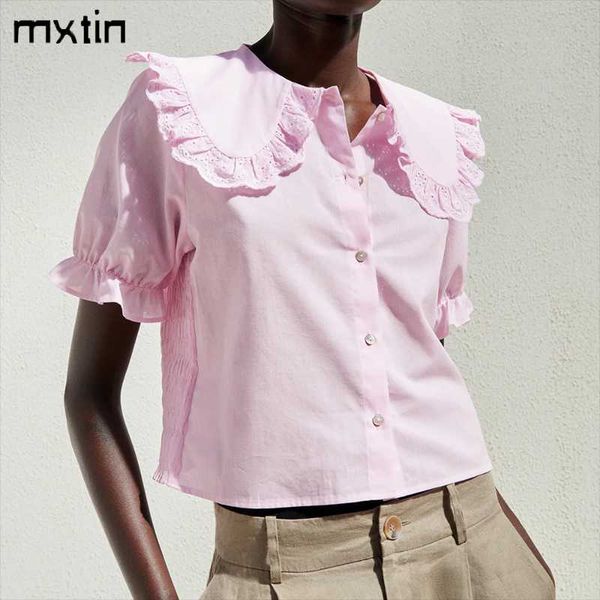 

women's blouses & shirts mxtin 2021 women summer fashion solid embroidery ruffles vintage lapel collar short sleeve female chic, White