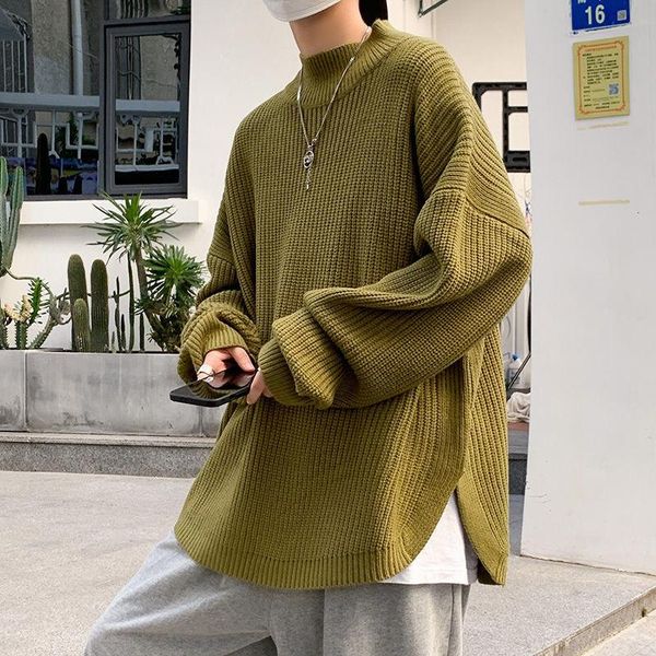 

men's sweaters loose long sleeve round neck sweater split high street casual male clothing spring autumn thick knitted pullover oversiz, White;black