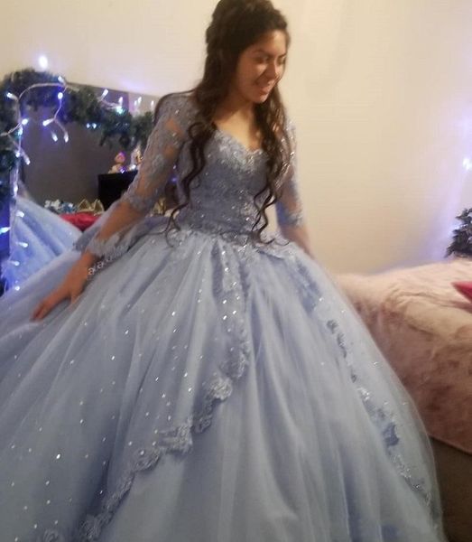 Prenses Buz Mavisi Tül Plus Boyut Balo Elbisesi Quinceanera Elbiseler Boncuklu Düşman Uzun Kollu Dantel Aplike Partisi Prom Debutante 15 SWE242G