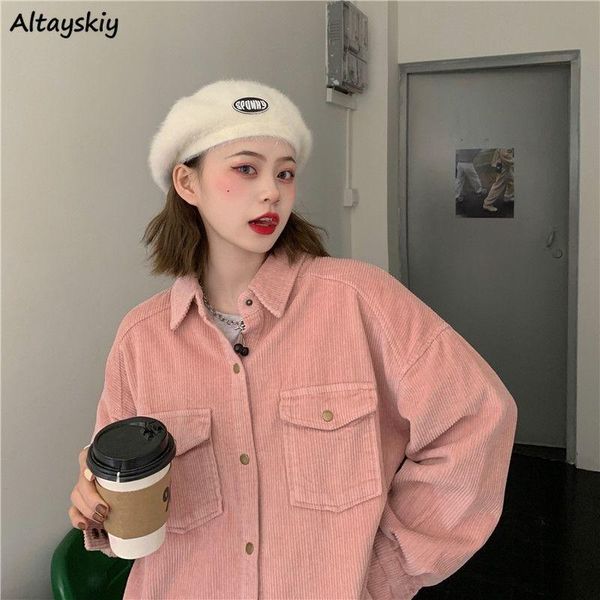 

women's jackets women basic corduroy solid turn-down collar stylish all-match loose cozy coats side-slit retro vintage harajuku chic, Black;brown