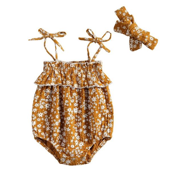 

born baby girls sling jumpsuits flower print sleeveless bandage romper and hairband infant summer clothing cotton suit sets, White