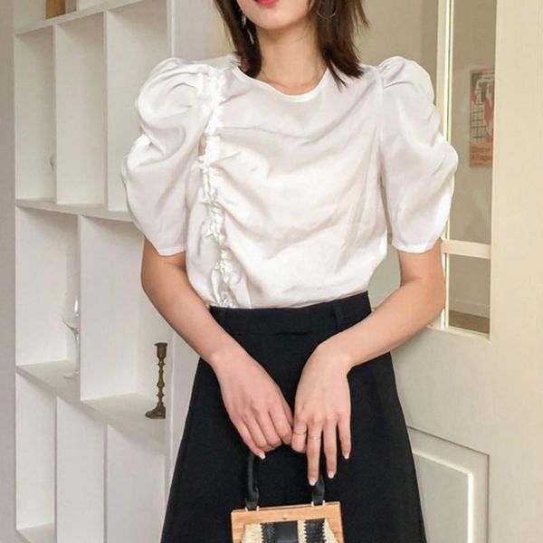 

women's blouses & shirts korean 2021 summer vintage blouse shirt round neck ruched puff sleeve tees women chic design japan office ladi, White