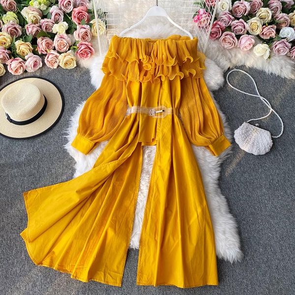 

women's blouses & shirts court style slash neck layer pleated ruffles irregular shirt womens vintage folds lantern long sleeve, White